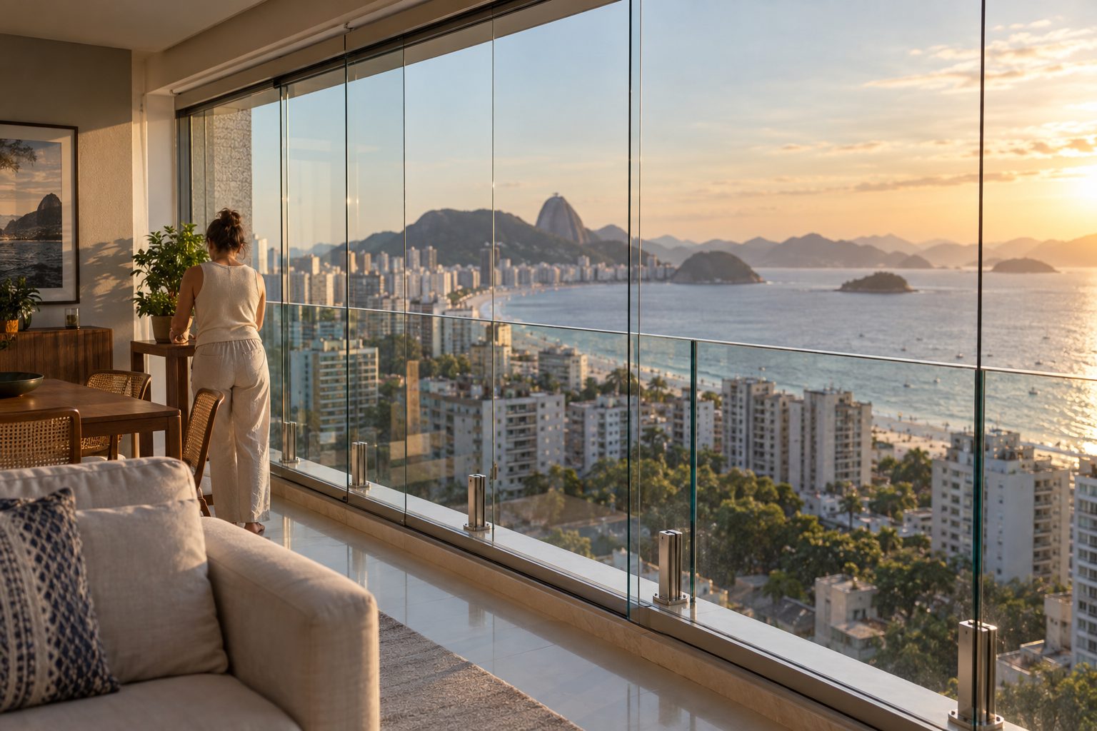 Varanda fechada com cortina de vidro e vista do Rio